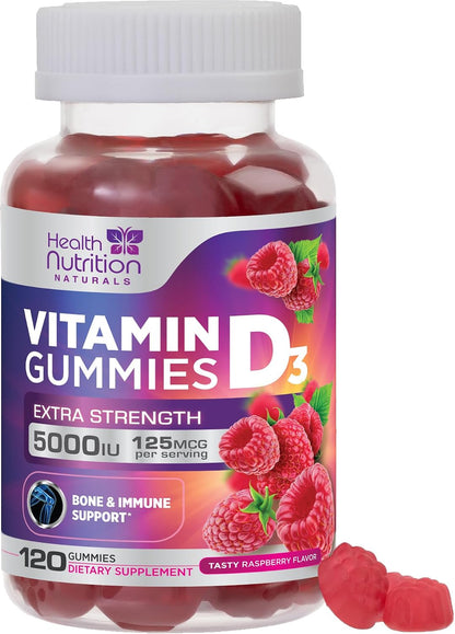 Vitamin D3 Gummies 125 µg (5000 IU) Per Serving - Triple Strength Immune & Bone Support, Vitamin D Gummy Food Supplement, Nature's Berry D Vitamin Supplement, Raspberry Flavoured - 60 Gummies