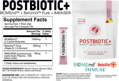 Silver Fern Brand Postbiotic+ Strawberry Lemonade Powder – Postbiotic Supplement with BIOMend™, BetaVia™, and Immuse® – Supports Digestive System and Overall Wellbeing – 30 Stick Packs