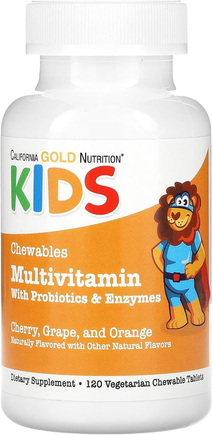 California Gold Nutrition Chewable Multivitamins with Probiotics, Enzymes, Vitamin A and Vitamin C for Children, Assorted Fruit Flavour, 120 Vegetarian Tablets