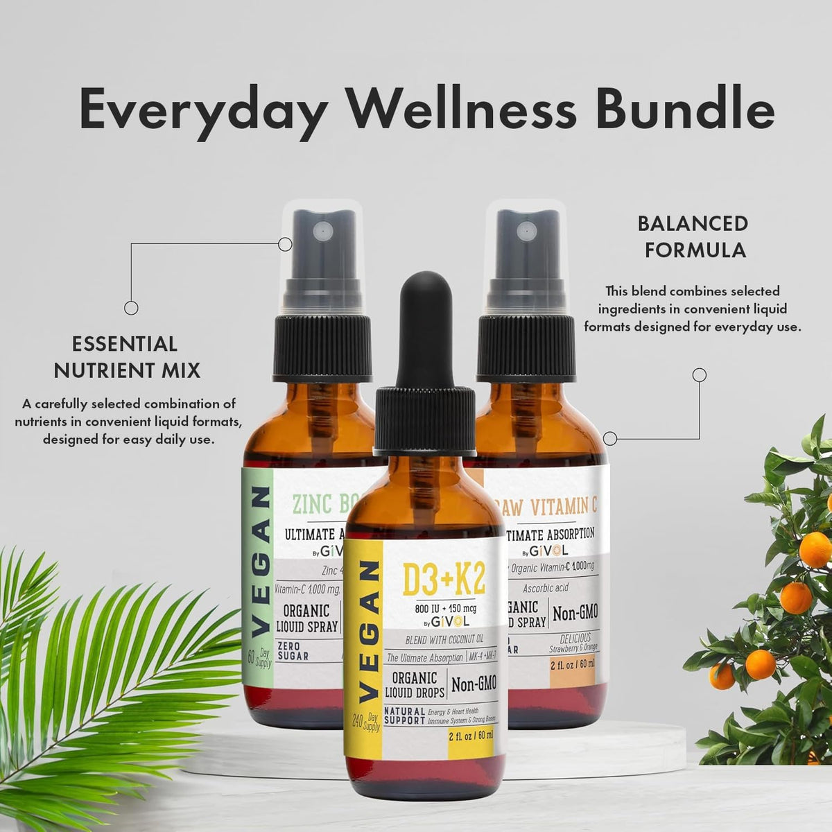 Vitamin C, D3 & K2 Liquid, Zinc Picolinate - Premium Liquid Vitamins - 180-Day Supply - Trio Bundle - görsel 3