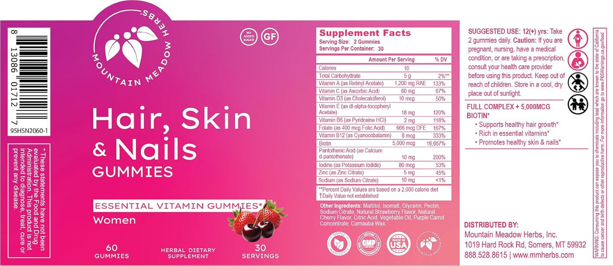 Mountain Meadow Herbs Hair, Skin and Nails Gummies - Essential Daily Support with Biotin (60 Count) - görsel 7