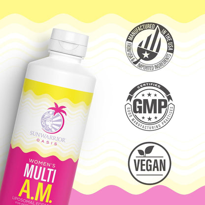 Sunwarrior Liquid Multivitamins for Women - Immune Support with B Vitamins D3 Lion's Mane Ginseng Curcumin MCT Oil - Peach Mango (30 Servings)