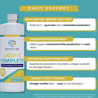 BrainChild Nutritionals Liqui-C Complete Liquid Vitamin C – Buffered Ascorbic Acid with Quercetin Bioflavonoids, Gluten-Free, Orange-Vanilla (473 ml)