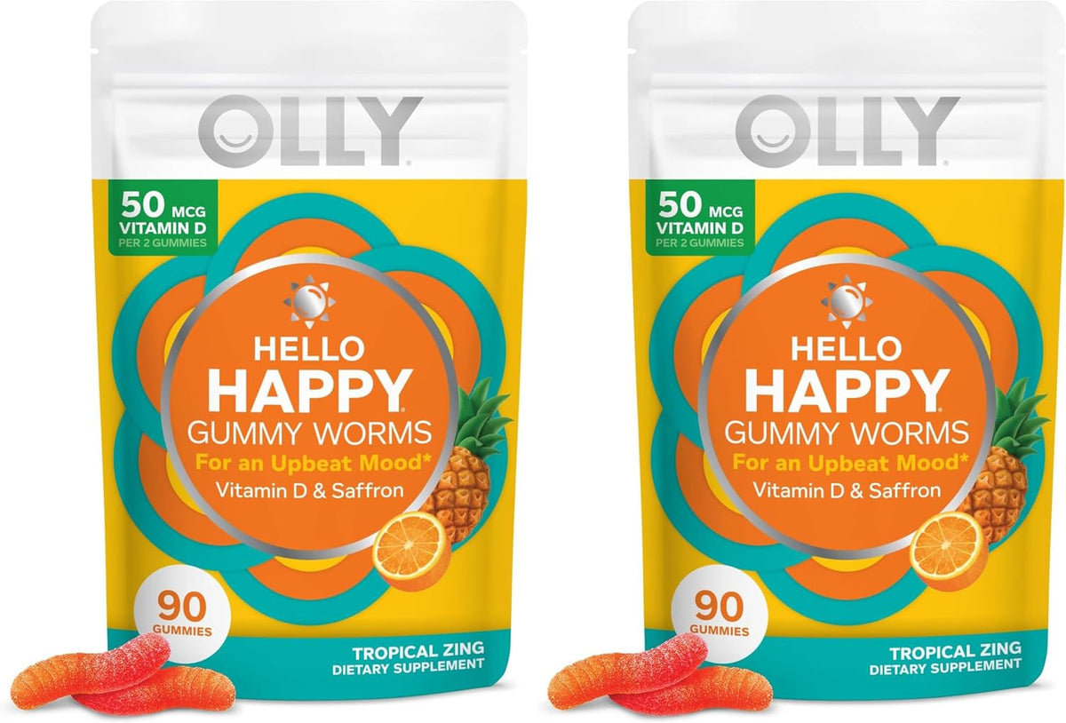 OLLY Hello Happy Gummy Worms – Mood Support with Vitamin D & Saffron, Tropical Zing, 90 Count - görsel 9