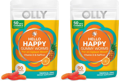OLLY Hello Happy Gummy Worms – Mood Support with Vitamin D & Saffron, Tropical Zing, 90 Count
