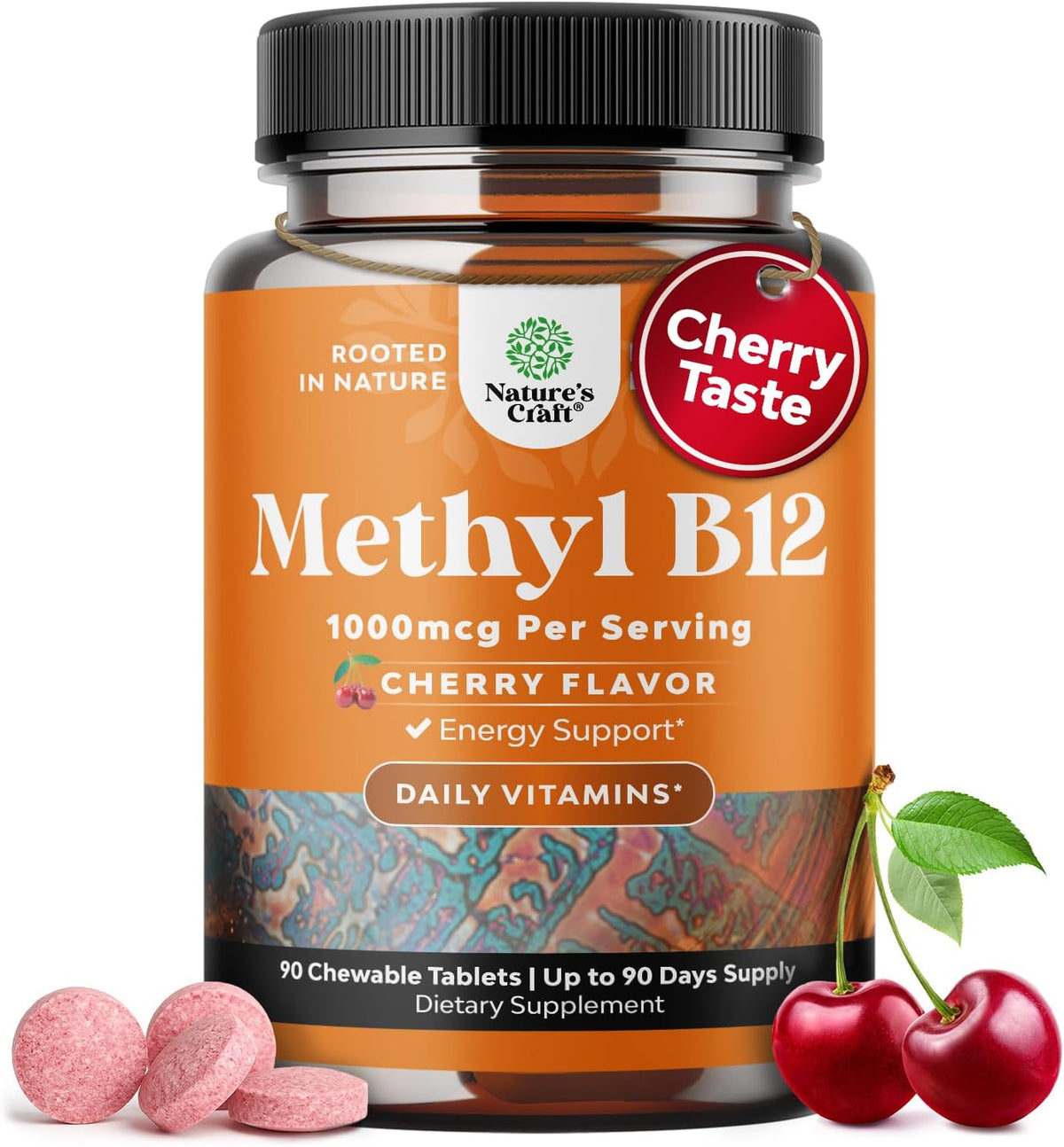 Natures Craft Chewable B12 Vitamin 1000mcg - Methylcobalamin - Cherry Flavour - 60 Count - görsel 1