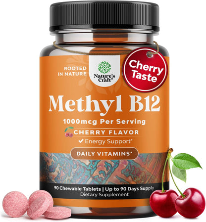 Natures Craft Chewable B12 Vitamin 1000mcg - Methylcobalamin - Cherry Flavour - 60 Count