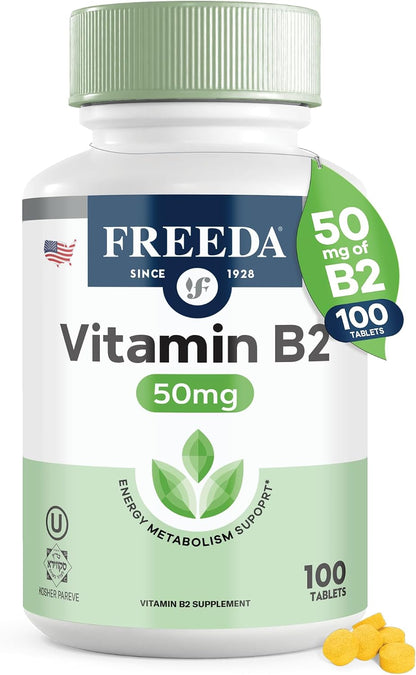FREEDA Riboflavin Vitamin B2 Tablets – 50mg – Optimised Dose for Energy & Nervous System Support – Kosher, Vegan, GF B2 Vitamins Supplement – VIT B 2 for Brain & Metabolism (100 Ct)