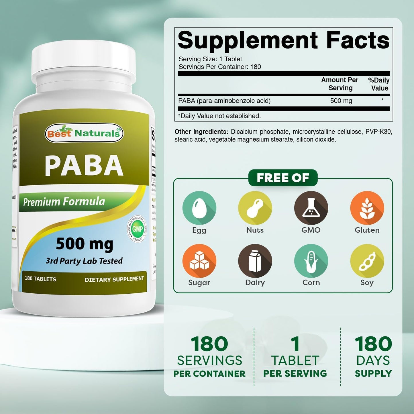 Best Naturals PABA 500 mg, 180 Tablets - görsel 2