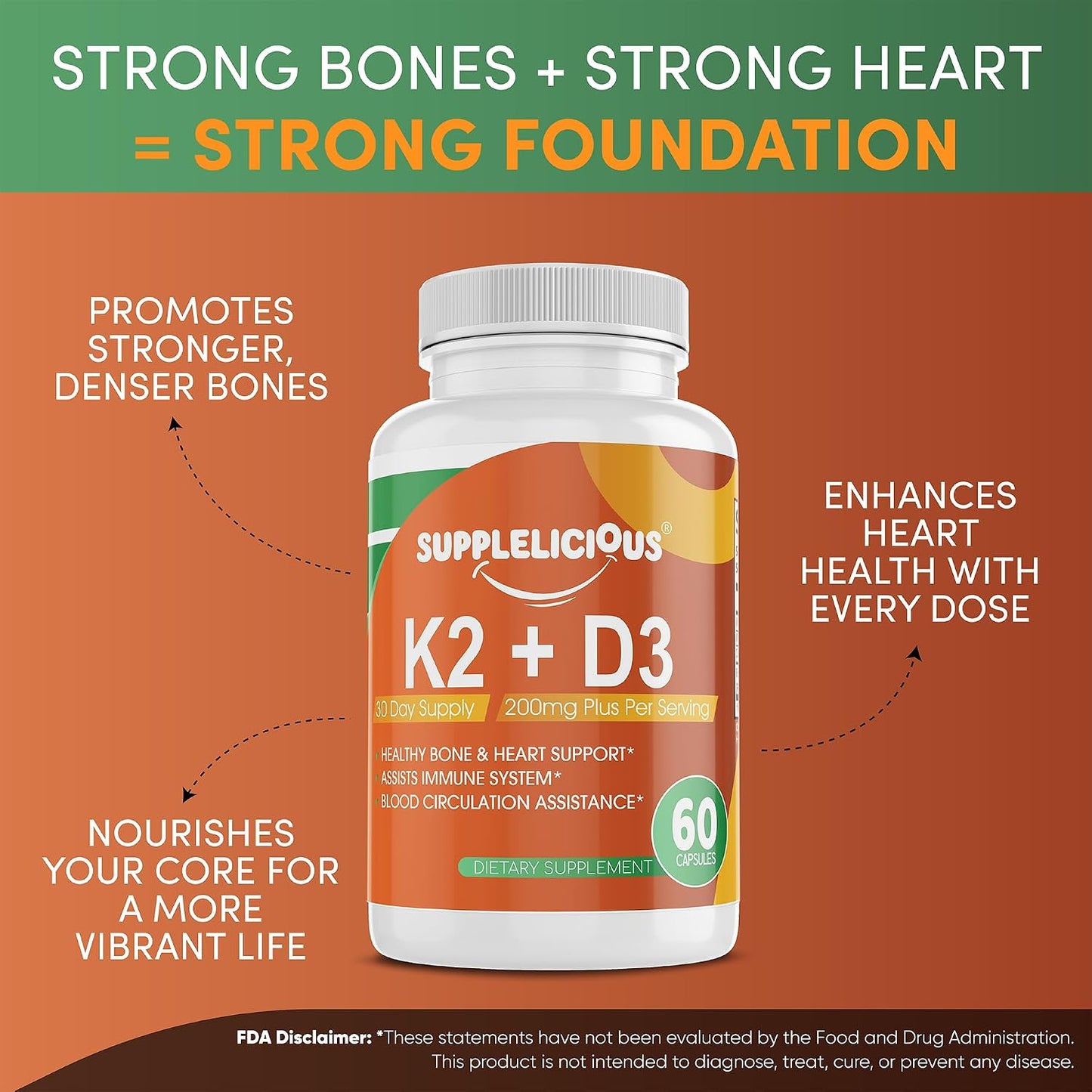 K2 + D3 with Calcium – Bone & Heart Health Supplement – Immune Support, 200mg per Serving, 60 Capsules – Non-GMO, Gluten-free, Made in USA - görsel 3