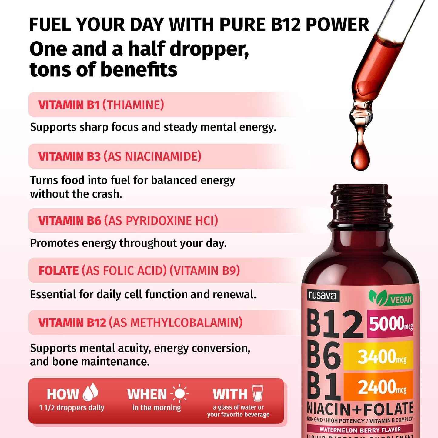 NUSAVA Vitamin B12 Liquid Drops 5000mcg – Sublingual B-Complex with B6, B1, Niacin, Folic Acid – Methylcobalamin for Energy & Immune Support – Vegan, Non-GMO, Watermelon (2 Pack, 60 ml) - görsel 3