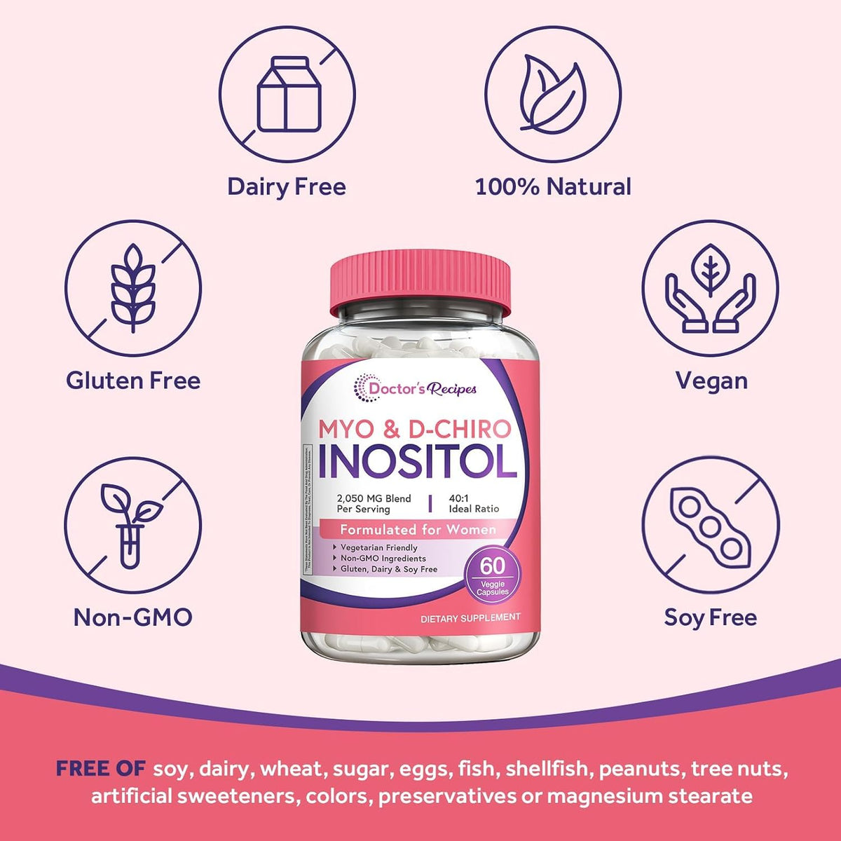Doctor's Recipes Inositol Supplement for Women, 40:1 Myo-Inositol & D-Chiro Inositol, 2050mg per Serving, 60 Vegan Capsules - görsel 5