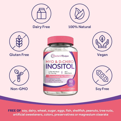 Doctor's Recipes Inositol Supplement for Women, 40:1 Myo-Inositol & D-Chiro Inositol, 2050mg per Serving, 60 Vegan Capsules