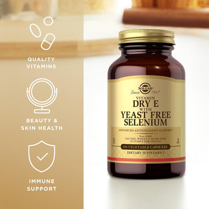 Solgar Dry Vitamin E with Yeast-Free Selenium – 100 Vegetable Capsules – Antioxidant Support