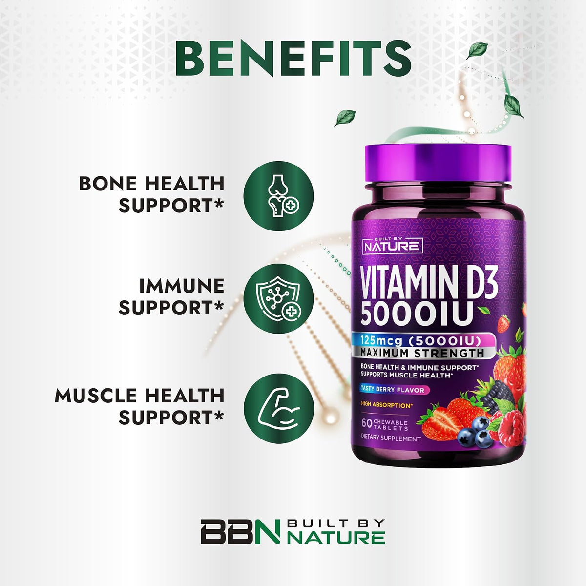 Built by Nature Chewable Vitamin D3 5000 IU, 60 Tablets - Sugar Free, Natural Berry Flavour - görsel 4