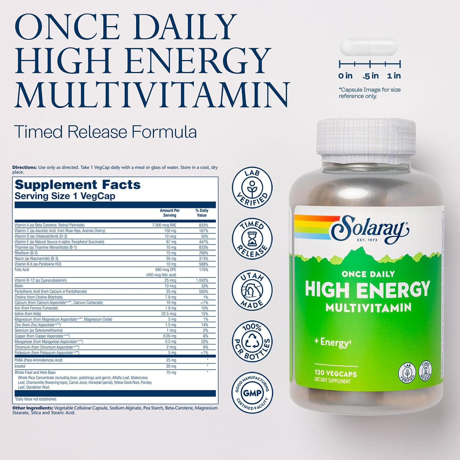 SOLARAY Once Daily High Energy Multivitamin - Timed Release - 120 Veggie Capsules - görsel 2