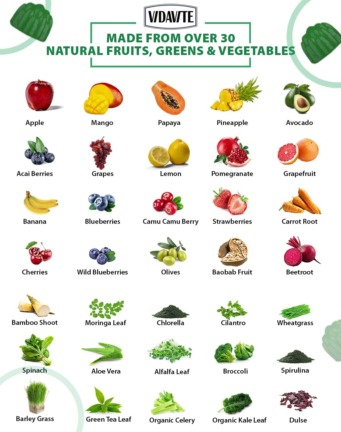 VIDAVITE Sugar-free Super Greens Gummies — Made in USA, 35+ Fruit and Veggie Gummies to Support Immunity, Skin & Gut Health — Ideal Fruits and Vegetables Supplement for Adults & Picky Teens (30-Day Supply) - görsel 3