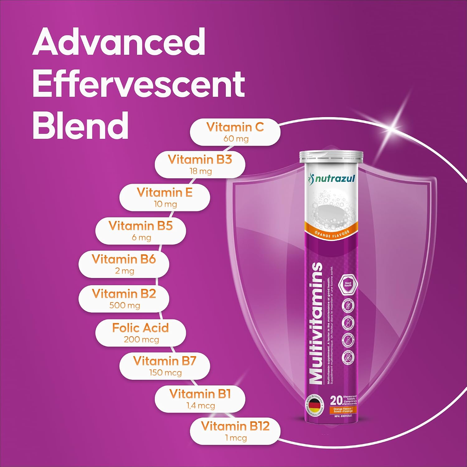 Nutrazul Multivitamin Effervescent Tablets, Supplement for Daily Wellness with 9 Essential Vitamins, Contains Vitamin C & B Complex, Orange Flavour, 60 Tablets - görsel 3