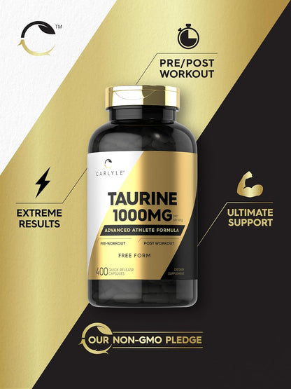 Carlyle Taurine 1000mg | 400 Capsules | Double Strength | Non-GMO & Gluten-free