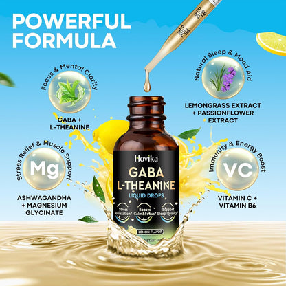 GABA L-Theanine Drops - Liquid Supplement with L-Theanine, Ashwagandha, Magnesium Glycinate, Vitamin C, B6 - Supports Sleep, Relaxation, Calm Mood & Focus - Lemon Flavour, 60 ml