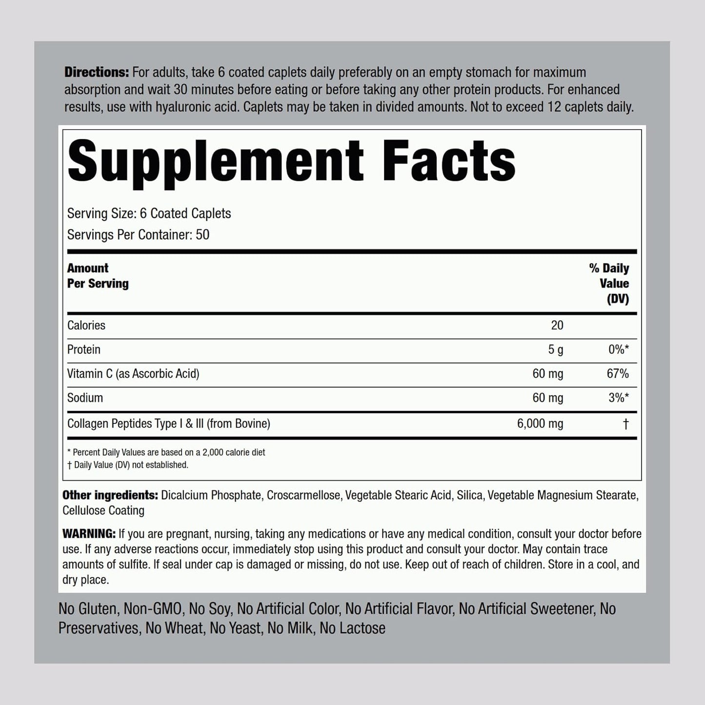 Piping Rock Collagen Peptides Plus Vitamin C Pills 6000mg - 300 Caplets - Hydrolysed Collagen Peptides Type I & III - görsel 2