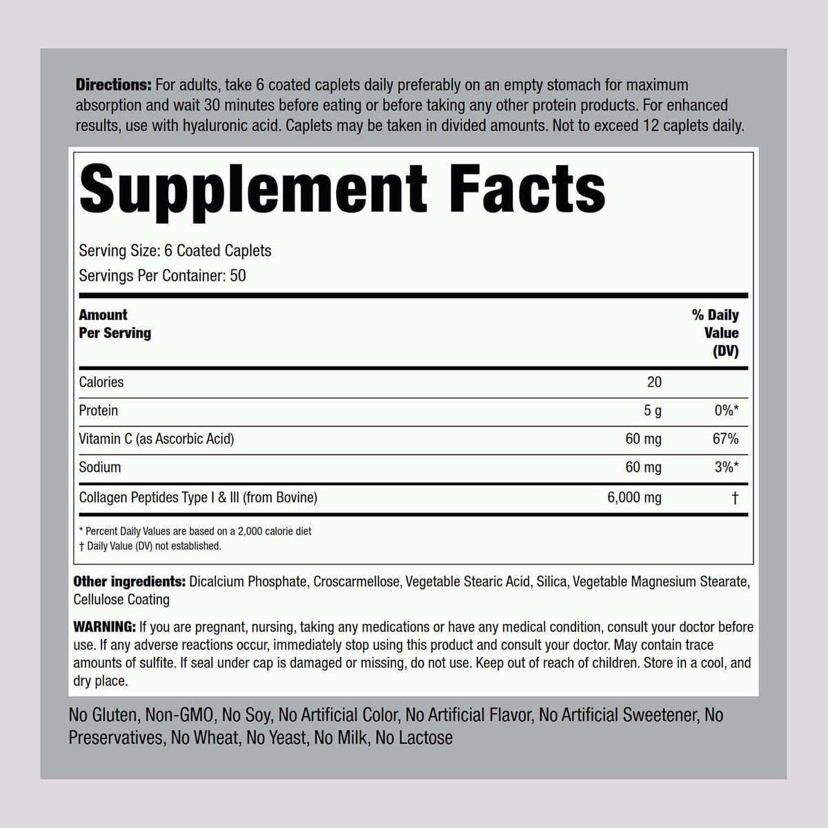 Piping Rock Collagen Peptides Plus Vitamin C Pills 6000mg - 300 Caplets - Hydrolysed Collagen Peptides Type I & III - görsel 2