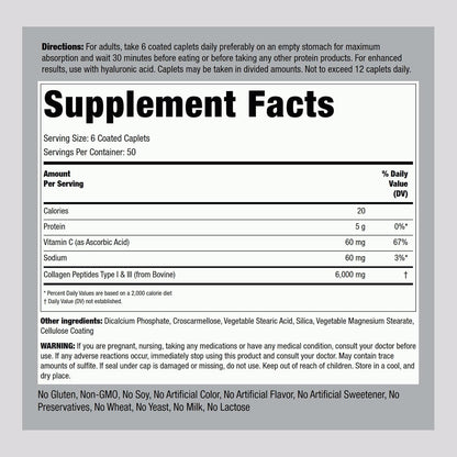 Piping Rock Collagen Peptides Plus Vitamin C Pills 6000mg - 300 Caplets - Hydrolysed Collagen Peptides Type I & III