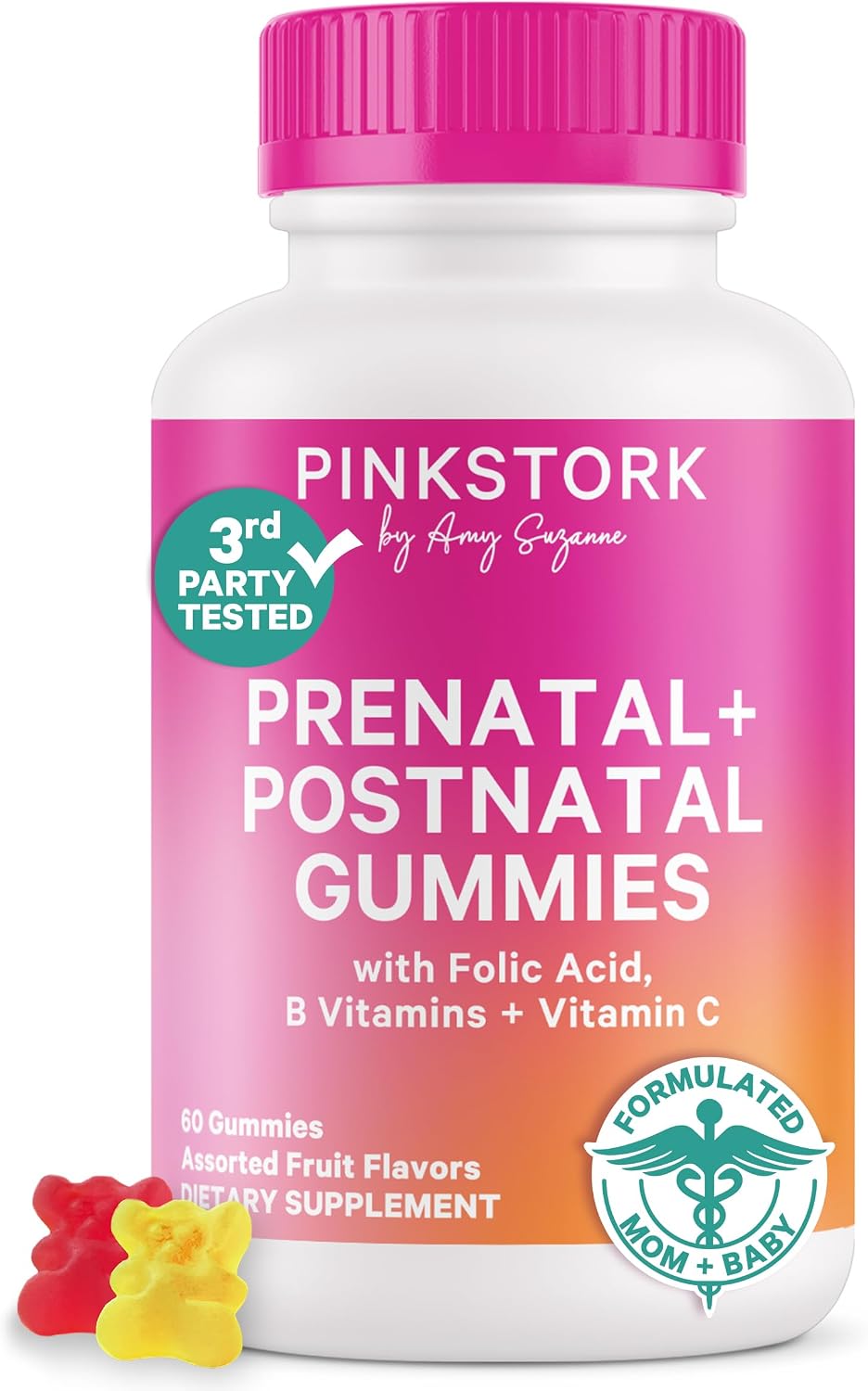 Pink Stork Fertility, Prenatal & Postnatal Gummy Vitamins, 60 Gummies | Full Motherhood Journey Support with Folate, B Vitamins, Zinc & Biotin, Postnatal Essentials, Assorted Fruit Flavours - görsel 1