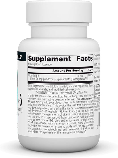 Source Naturals Coenzymated B-6 – 25 mg Pyridoxal-5-Phosphate (P5P) Lozenges, 60 Lozenges