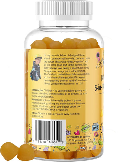 5-in-1 Kid's Immune Support Gummy - Manuka Honey, Vitamin C, Zinc, Echinacea, Ginger - Natural Citrus Flavoured - 60 Gummies