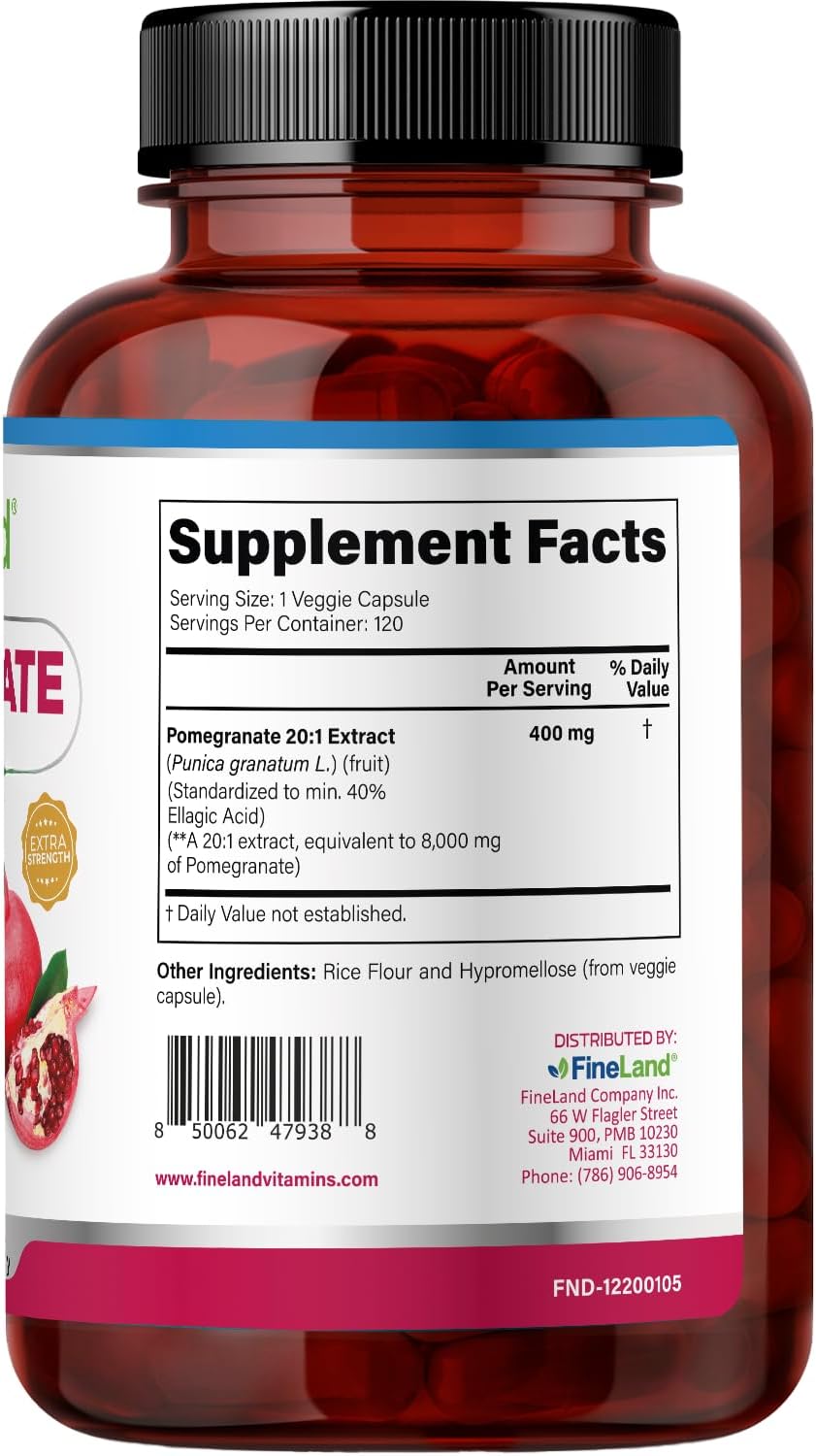 FineLand Pomegranate Extract 20:1 - 40% Ellagic Acid - Antioxidant Supplement - 120 Vegan Capsules - görsel 2