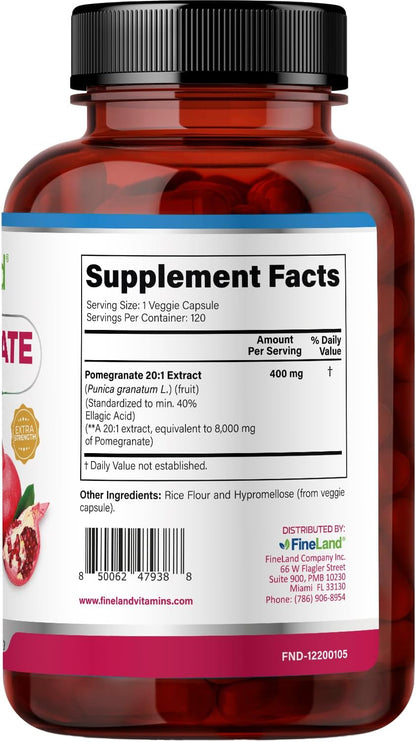 FineLand Pomegranate Extract 20:1 - 40% Ellagic Acid - Antioxidant Supplement - 120 Vegan Capsules