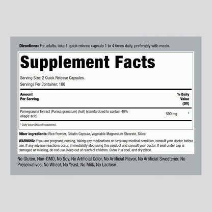 Piping Rock Pomegranate Extract Capsules | 500 mg | 200 Capsules | Standardised Formula with Ellagic Acid | Non-GMO and Gluten-free Food Supplement