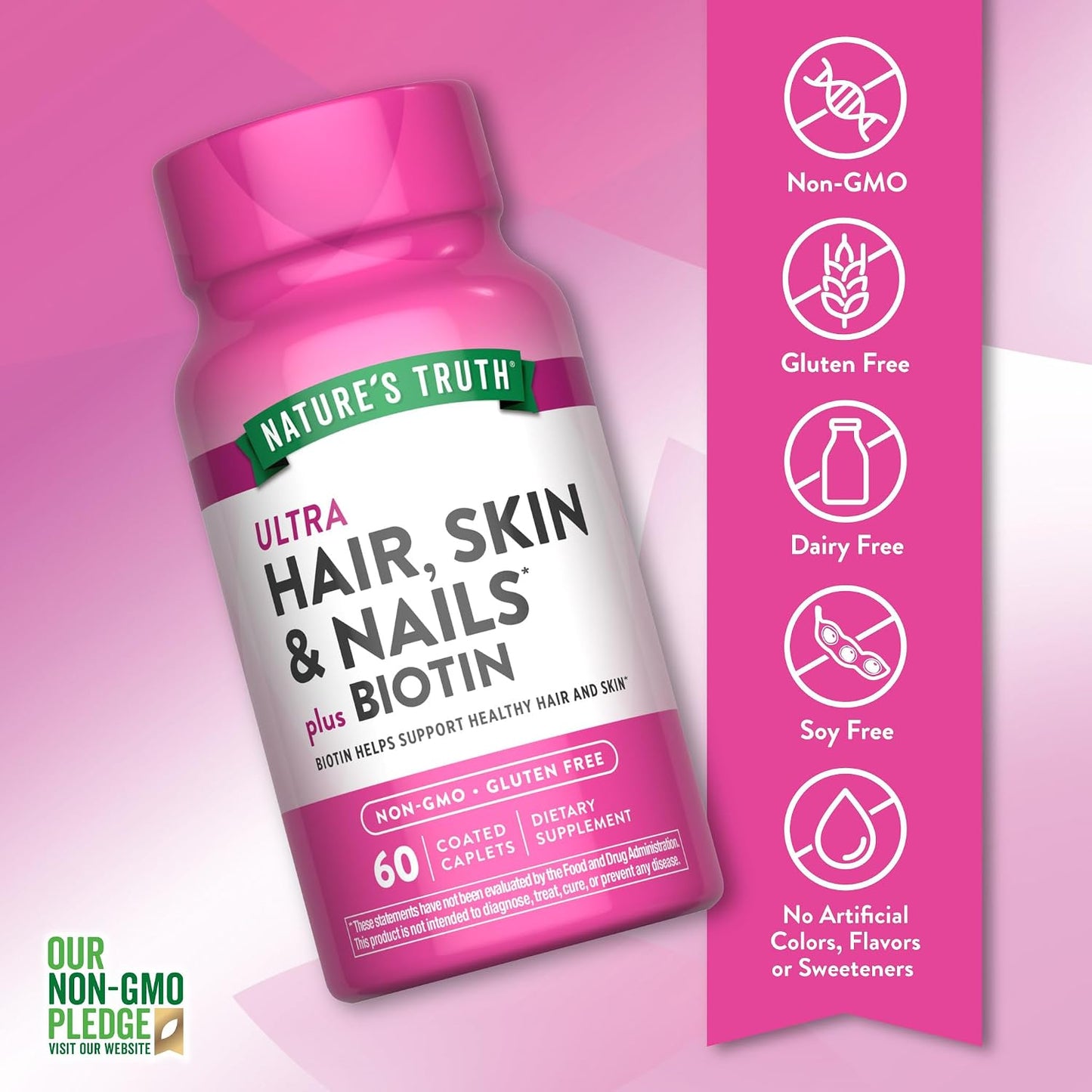 Nature's Truth Hair, Skin and Nails Supplement - 5000 mcg Biotin, 60 Caplets - görsel 3