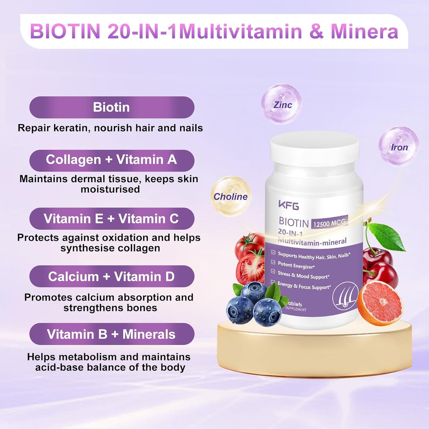 KFG Biotin 10,000 mcg Women's Multivitamin - with Keratin, Collagen, Calcium, Niacinamide & Vitamins A, B, D, C, E - for Hair, Skin, Nail & Bone Health - 100 Tablets - görsel 3