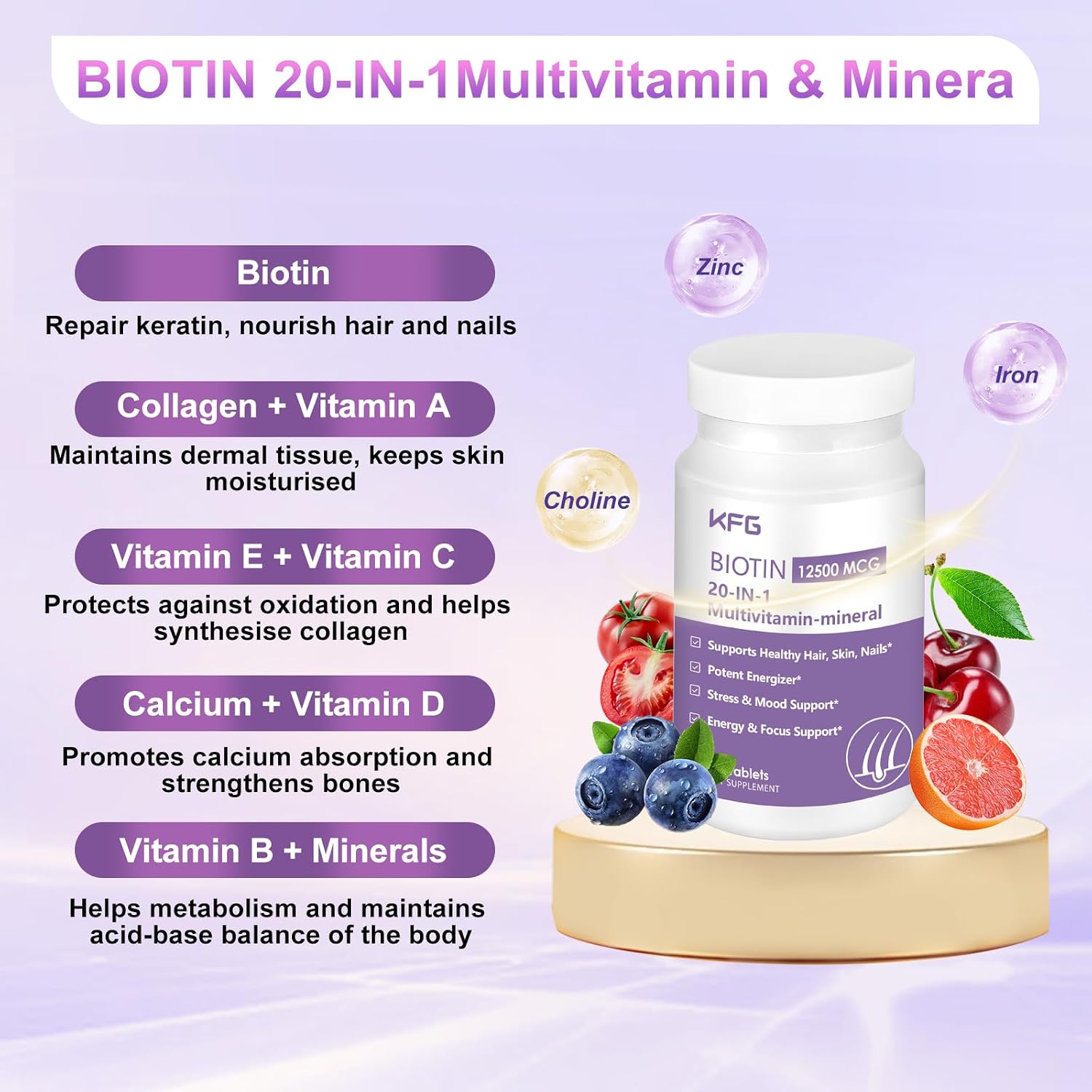 KFG Biotin 10,000 mcg Women's Multivitamin - with Keratin, Collagen, Calcium, Niacinamide & Vitamins A, B, D, C, E - for Hair, Skin, Nail & Bone Health - 100 Tablets - görsel 3