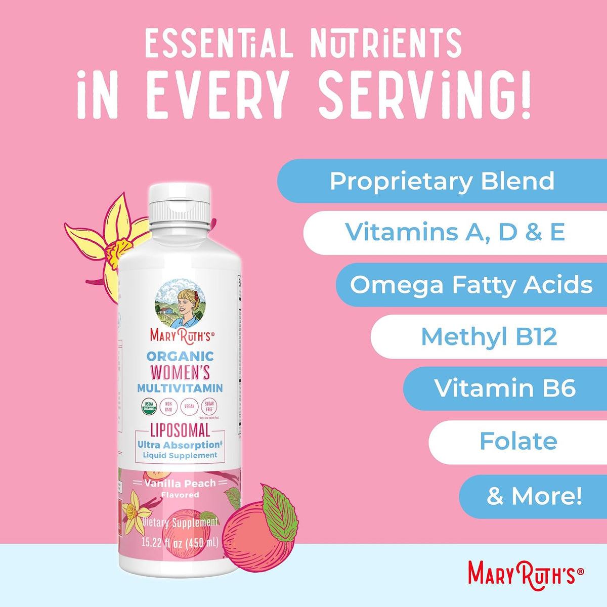 MaryRuth’s Organic Women’s Multivitamin Liposomal – Sugar Free Liquid Multivitamin with Ashwagandha, Folate, and Omega-3 DHA – 450 ml (15.22 fl oz) - görsel 7