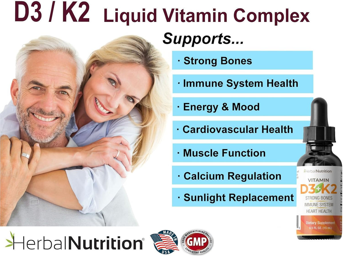 Herbal Nutrition Vitamin D3 + K2 Liquid Drops, 5000 IU D3 with K2 MK-7, 270 Servings - görsel 4