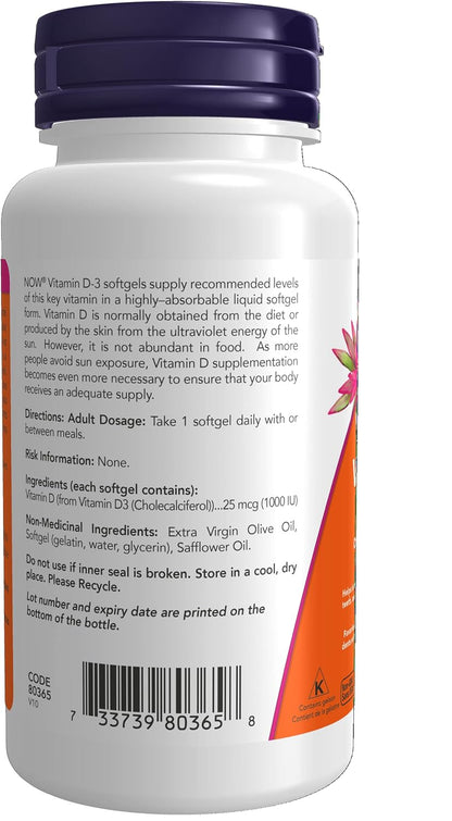 NOW Foods Vitamin D3 1000 IU Chewable Tablets, 180 Tablets