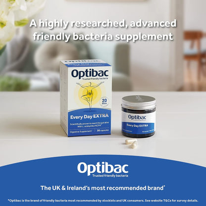 OptiBac Probiotics Every Day Extra 30 Capsules | High Strength Digestive Probiotics with 20 Billion CFU | Vegan Supplement with Lactobacillus Acidophilus NCFM | For Everyday Digestive Health
