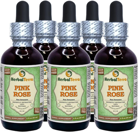 Pink Rose (Rosa damascena) Glycerite, Dried Buds and Petals Alcohol-Free Liquid Extract (Brand Name: HerbalTerra) 5x2 fl.oz (5x60 ml)