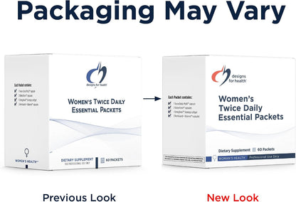 Designs for Health Women's Twice Daily Essential Packets - Vitamin Packs with Iron-Free Multivitamin, OsteoForce Bone Support, OmegAvail Fish Oil Complex + FemGuard+Balance - Women's Health (60 Packets)