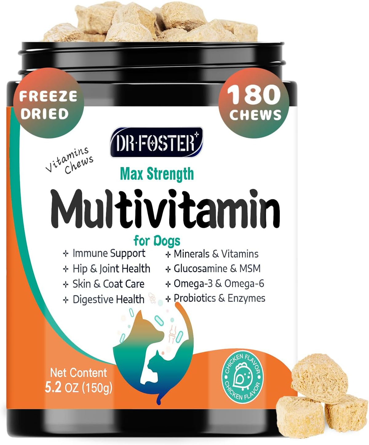 Dog Multivitamin, Dog Vitamins and Supplements, Multivitamin for Dogs with Glucosamine, Probiotics & Omega-3 for Joint, Digestive, Skin, Coat and Immune Health, Chicken Flavour - 180 Bites - görsel 1