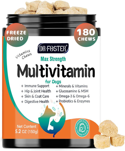 Dog Multivitamin, Dog Vitamins and Supplements, Multivitamin for Dogs with Glucosamine, Probiotics & Omega-3 for Joint, Digestive, Skin, Coat and Immune Health, Chicken Flavour - 180 Bites