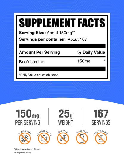 BulkSupplements Benfotiamine Powder - Fat Soluble Vitamin B1 Supplement - 150mg per Serving, 25g