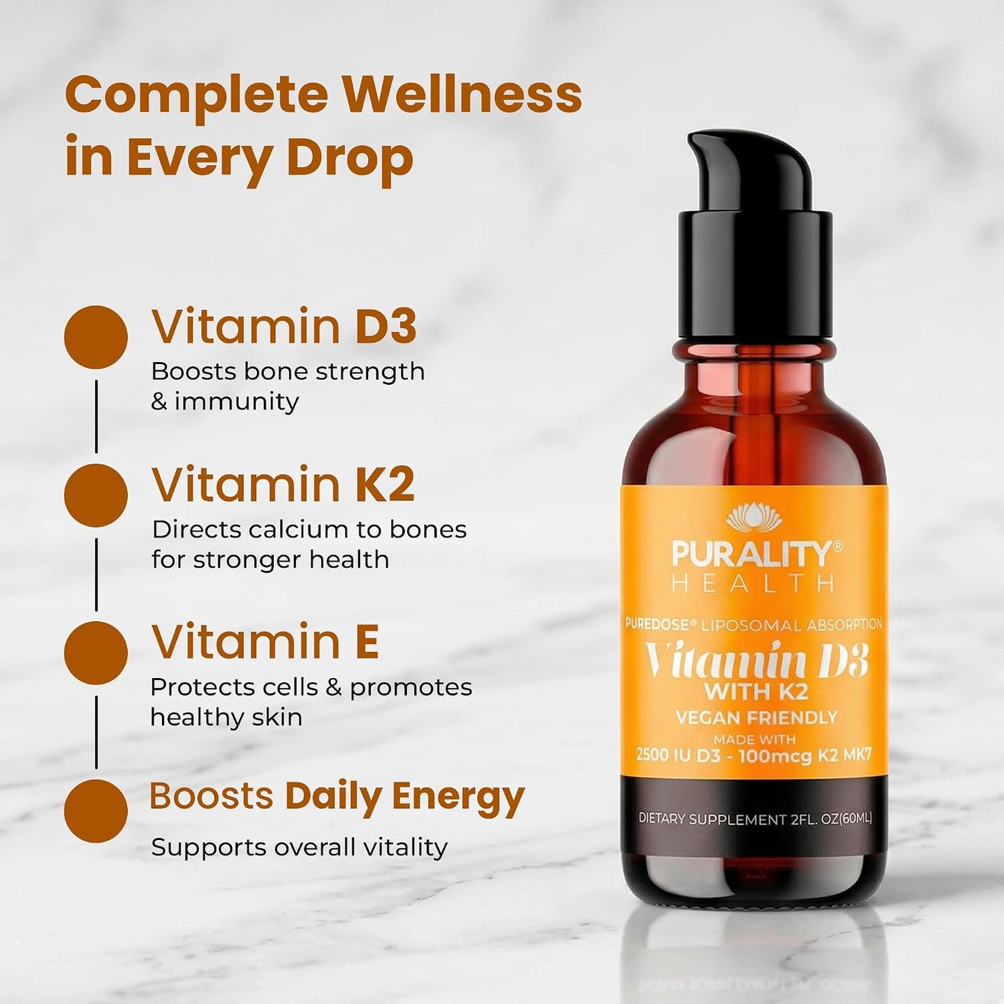 PURALITY HEALTH Vitamin D3 with K2 Liquid Supplement, Vegan, Micelle Liposomal Enhanced Absorption, Non-GMO, 30 Day Supply - görsel 5