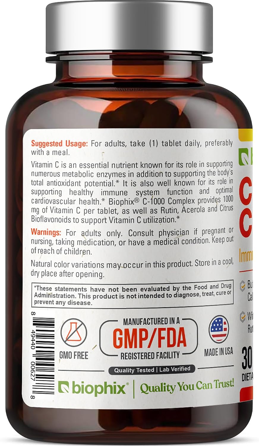 biophix Vitamin C-1000 mg Complex – 30 Tablets – Vegan with Calcium, Citrus Bioflavonoids, Acerola & Rutin – Supports Immune Health - görsel 9