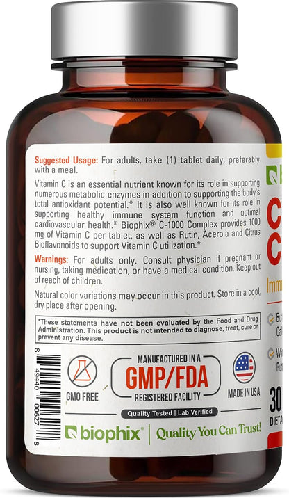 biophix Vitamin C-1000 mg Complex – 30 Tablets – Vegan with Calcium, Citrus Bioflavonoids, Acerola & Rutin – Supports Immune Health