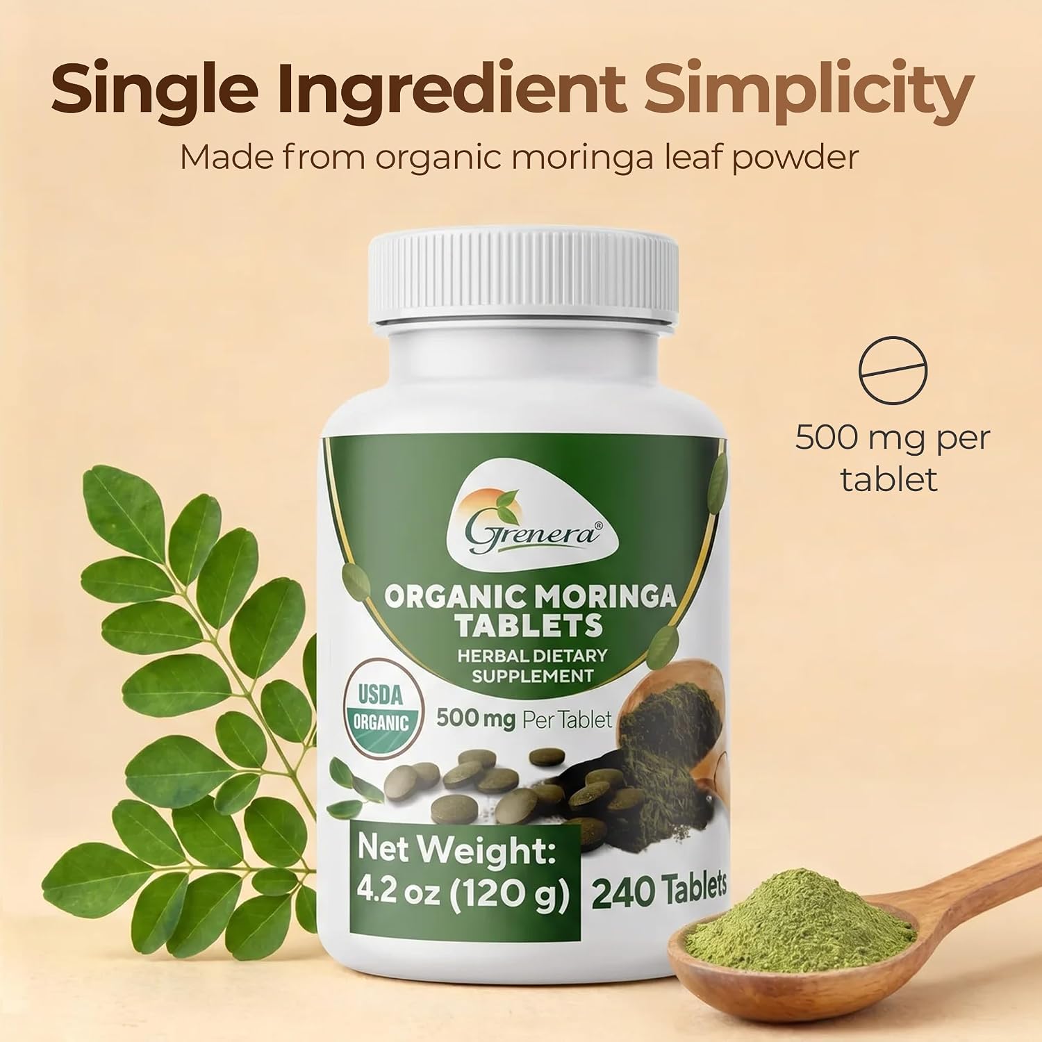 Grenera Organic Moringa Tablets – USDA Organic, 500mg, 240 Tablets - görsel 2