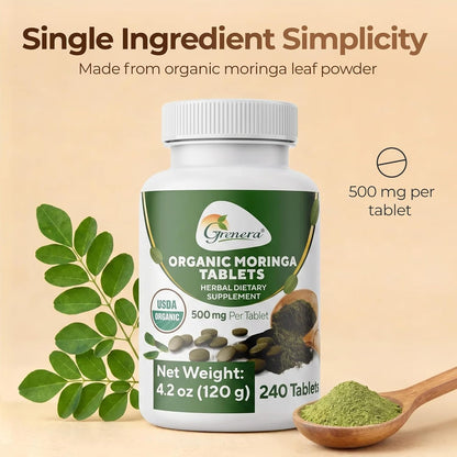Grenera Organic Moringa Tablets – USDA Organic, 500mg, 240 Tablets